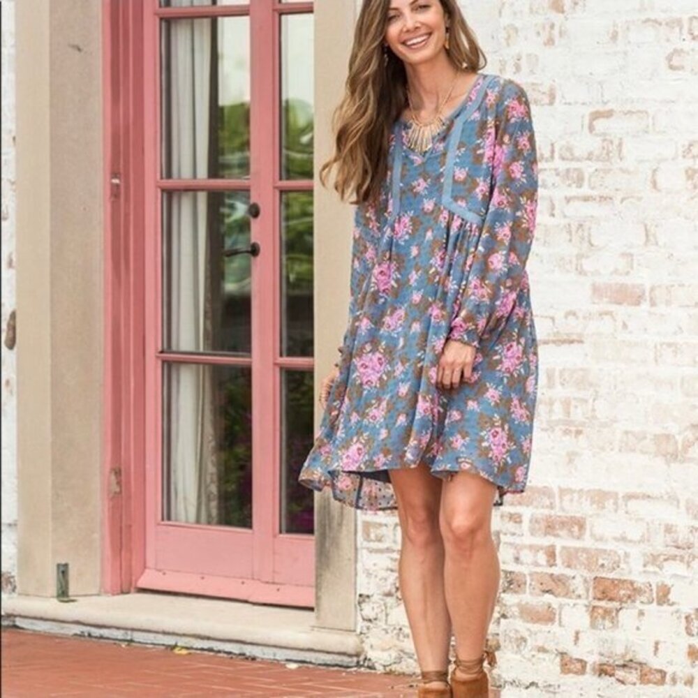 Matilda Jane Blue Swiss Dot Floral Long Sleeve To The Nines Blue Pink Dress Mini